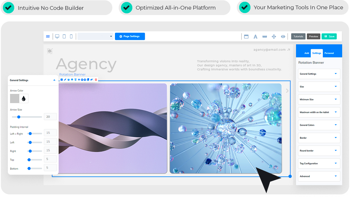 Builderall’s visual website editor showing an agency website, editable content blocks, and layout controls.
