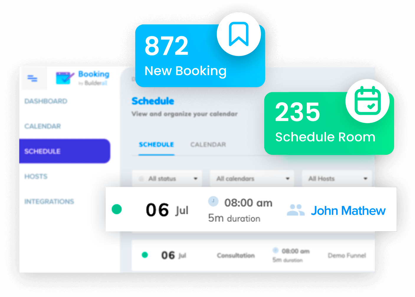 Booking Builder schedule showing calendars, appointment dates, hosts, and session details.