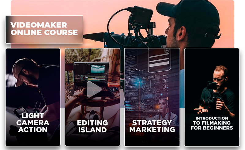 Example video course with visual module covers for camera technique, editing, marketing, and an introduction to filmmaking.