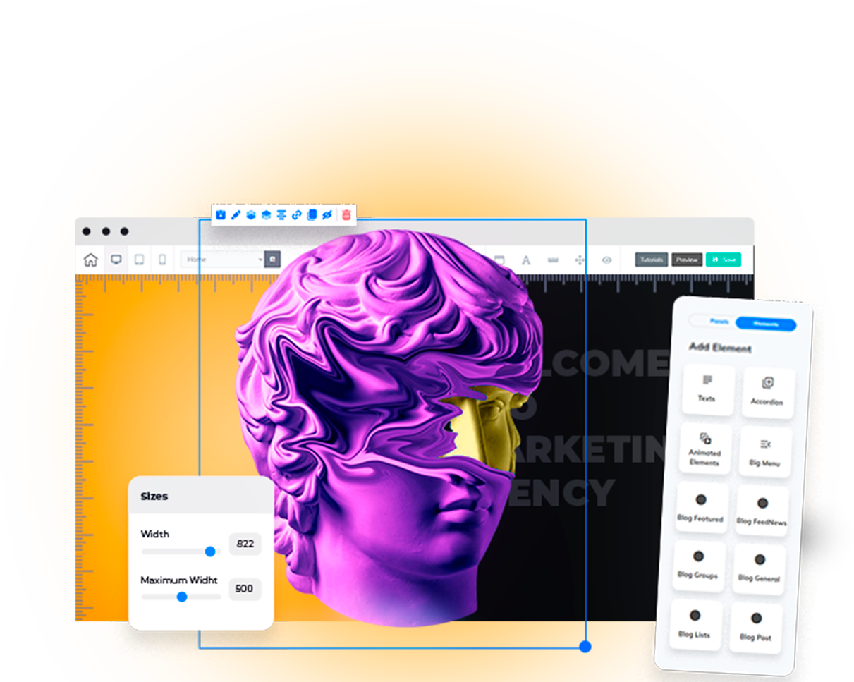 Composición de Website Builder con una imagen editable, controles de tamaño y un menú de elementos que incluye texto y componentes de blog.