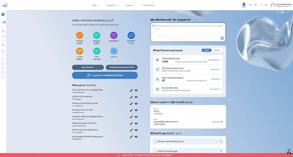 The Builderall AI agent working through a task in the dashboard.