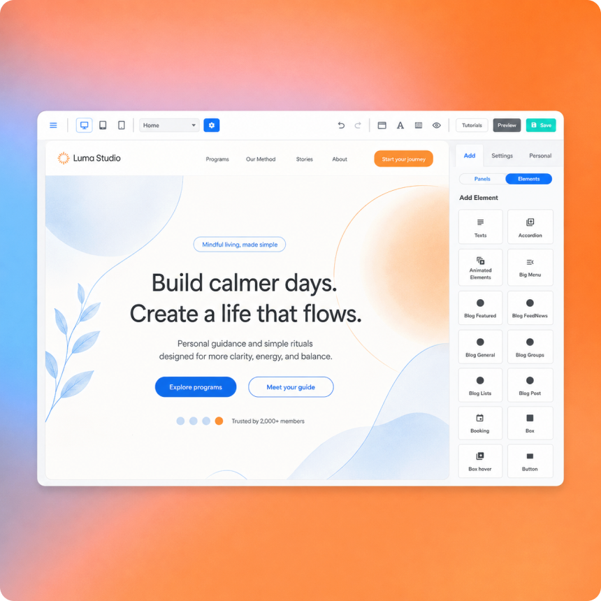 The Builderall drag-and-drop editor with a wellness site open and the elements panel visible.
