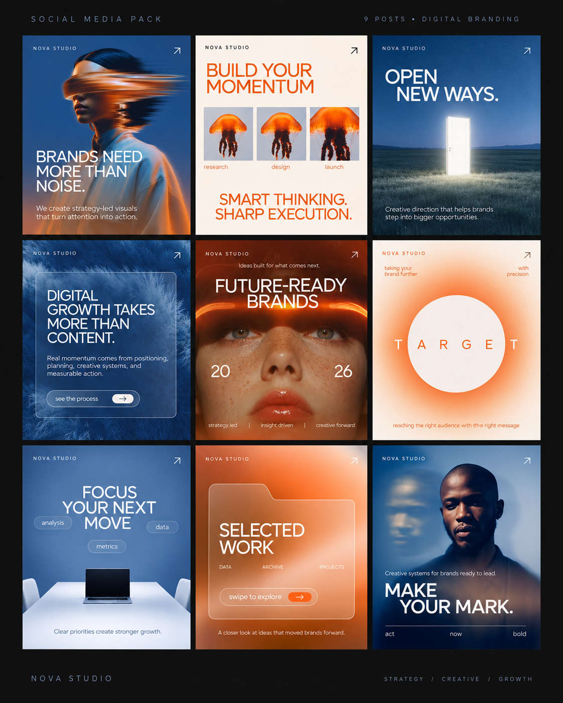 A nine-post social media pack laid out as a grid of square and portrait concepts