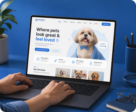 A laptop showing a generated pet-grooming website.
