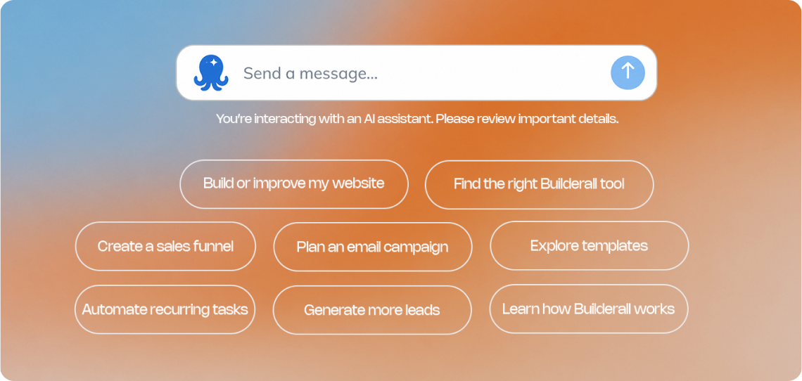 The agent's message box with suggested prompts such as building a sales funnel, planning an email campaign, and exploring templates.